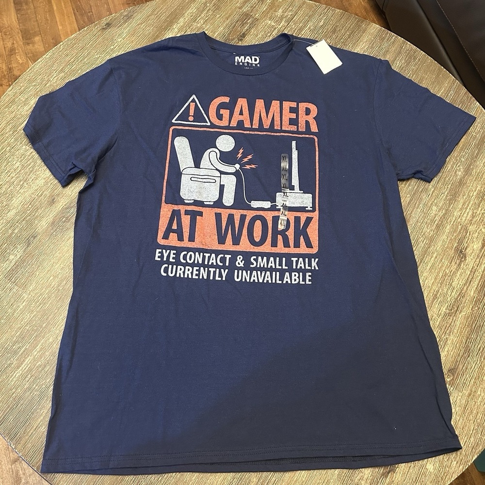Mad Engine Gamer At Work Graphic T Shirt Men's XL NWT Funny Gaming Navy Tee